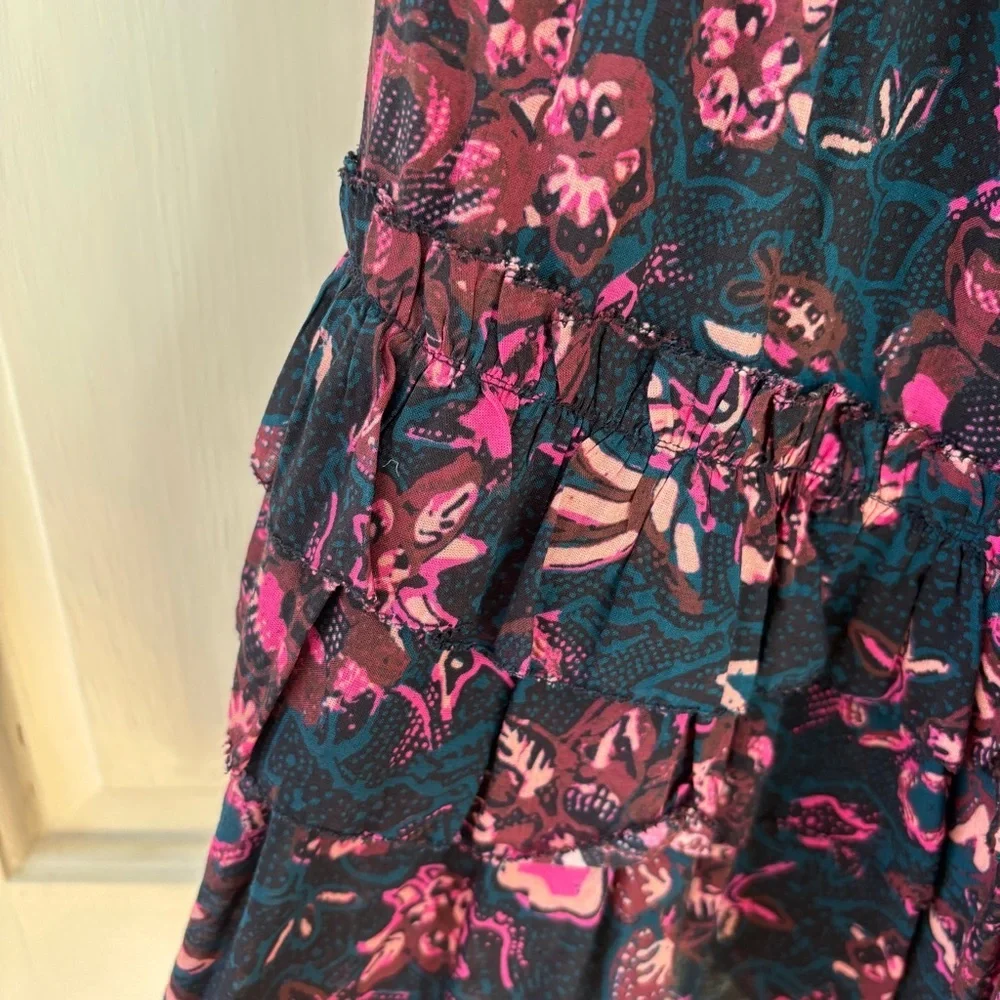 ULLA JOHNSON Amalia Midnight Floral Midi Skirt Tiered Ruffle Pink Navy Size‎ 2